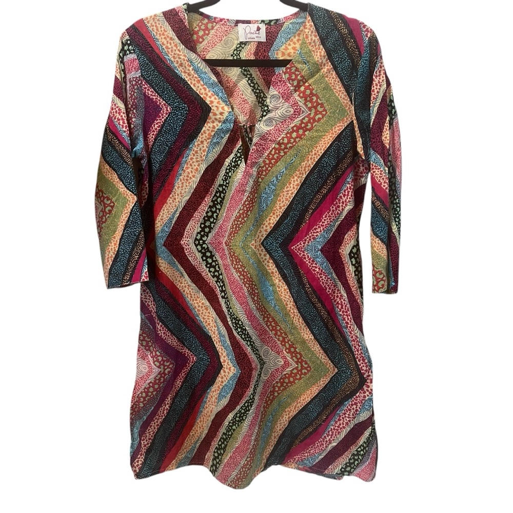 Poeme Colorful Print Boho Cotton‎ Tunic Mini Dress Small